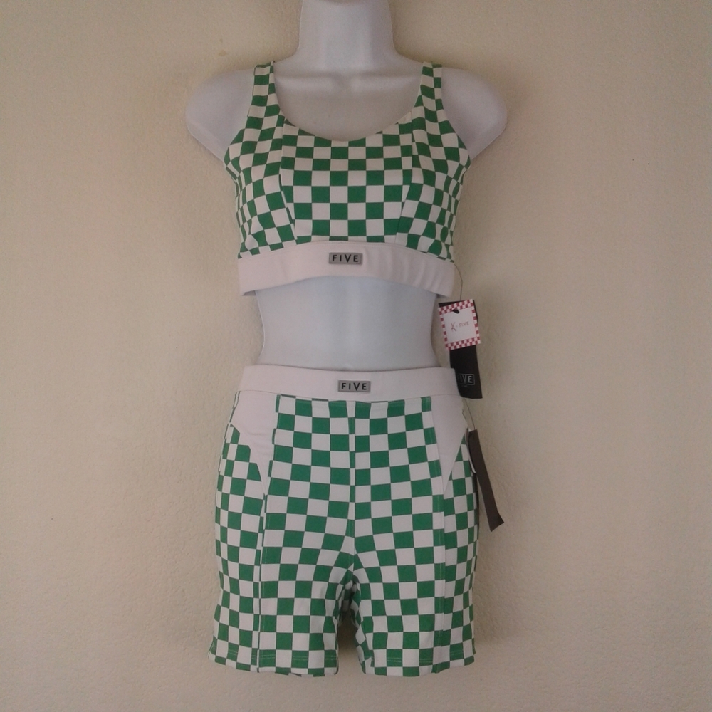 Five the Label Checkered Active Set Green Sports Bra & Biker Shorts S/M NWT - Picture 2 of 14